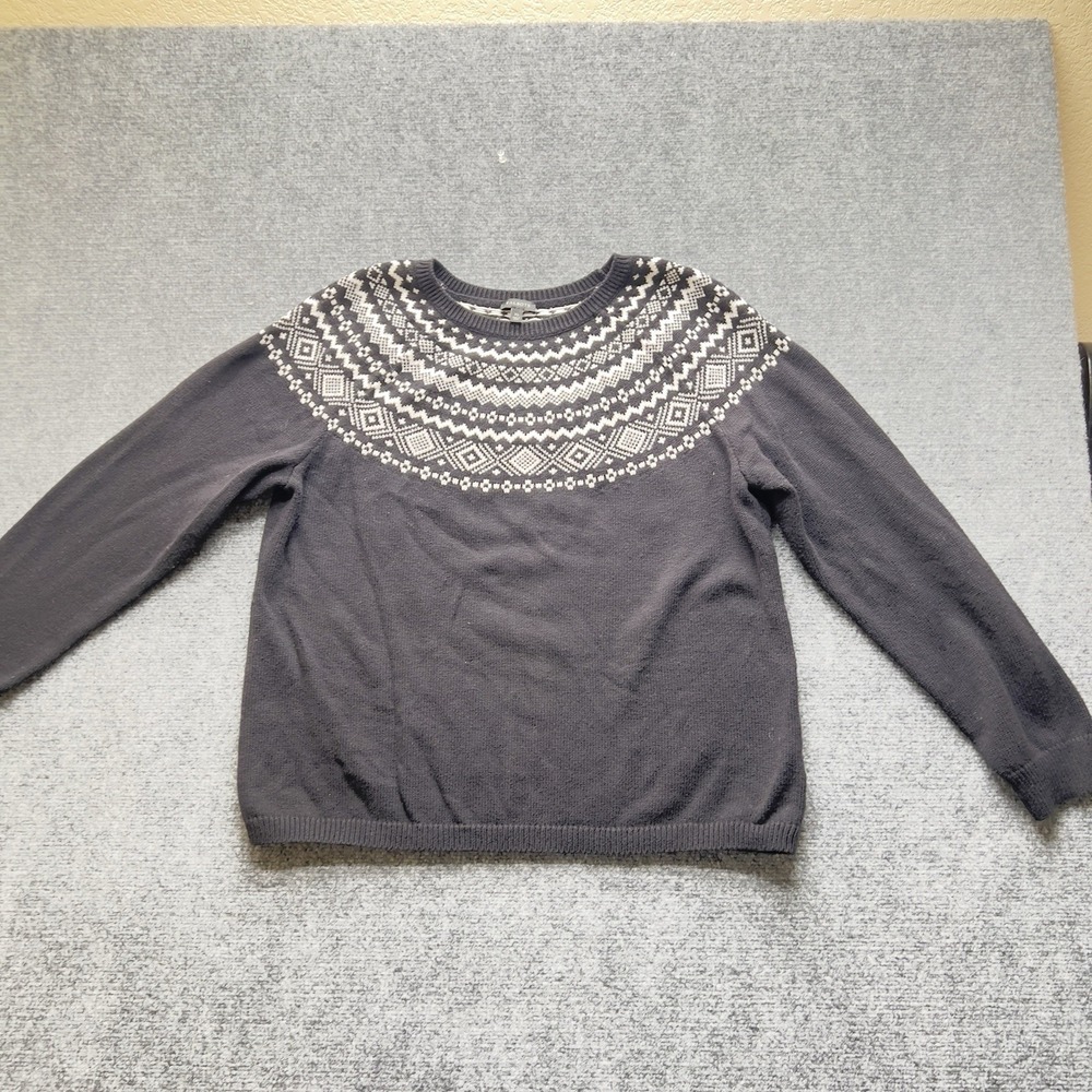 Talbots Fair Isle Style Sweater Gray Green Navy Size XL Cozy Winter Knit